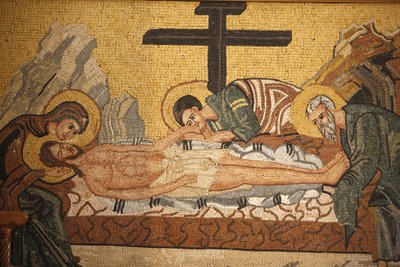 聖ゲオルギオス教会（マダバ）でキリストが埋葬される様子を描いたギリシャ正教のイコン（ジョルダニー、マダバ 作： Unbekannt