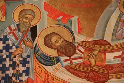 聖グレゴリー・パラマスの休息（死）を描いたギリシャ正教のイコン Thessalonique Grece 作： Unbekannt