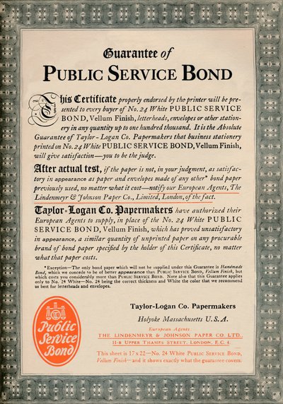 公共サービス債の保証-Taylor-Logan Co. Papermakers advert、1919 作： Unbekannt