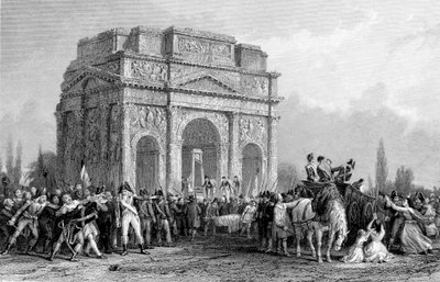 ギロチンはフランス、オレンジ、1793-1794年にフランスのオレンジのマリウスのアーチの下に設置されました 作： Unbekannt
