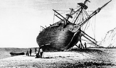 HMSビーグルは、南アメリカ、パタゴニア、リオサンタクルーズに上陸しました。1834年1839年 作： Unbekannt