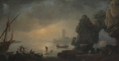 洞窟と漁師が網で運ぶ港のシーン。 作： Unbekannt