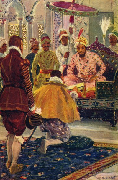 ホーキンスがジェームズ王に大モーグルへの手紙を提示、1608年c1912年 作： Unbekannt