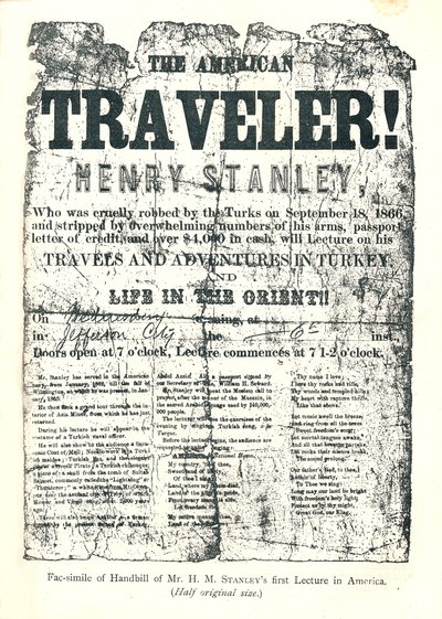 Henry M.Stanley、アメリカのレクチャーツアーのチラシ、31歳でアフリカのDr.Livingstoneを発見 作： Unbekannt