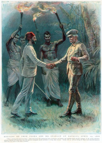 1888年4月29日、カヴァリでエミンパシャと会うウェールズ人ジャーナリスト兼探検家、ヘンリーモートンスタンレー 作： Unbekannt