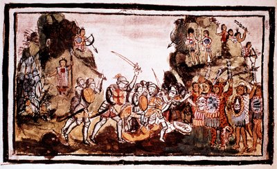ヘルナンドコルテスコルテス1485-1547、スペインの征服者、メキシコの先住民を攻撃 作： Unbekannt