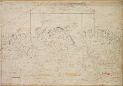ヒンドゥー教の神クリシュナは春祭りの女性の服を着ているホーリーc 1790年。 作： Unbekannt