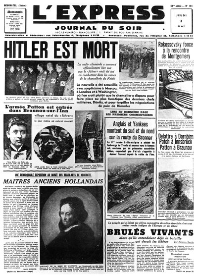 ヒトラーは死んだ、LExpress新聞の最初のページ、1945年5月3日 作： Unbekannt