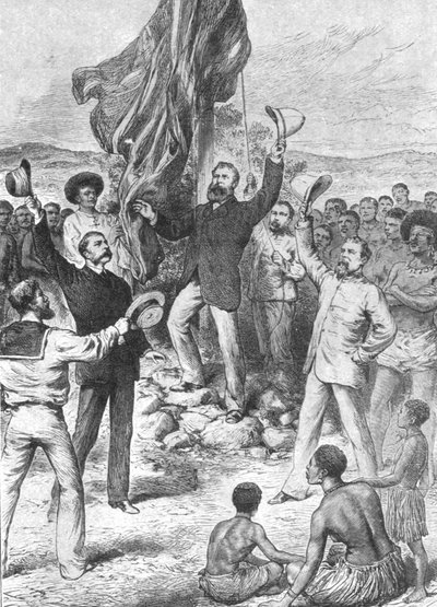 1883年、ニューギニアでイギリスの旗を揚げる：チェスター氏... 3つの乾杯を求めて、1901年。 作： Unbekannt