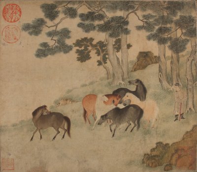 アテンダントのいる風景の中の馬。 作： Unbekannt