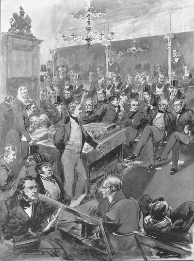 下院、1846年：ロバート・ピールが自由貿易原則への転換を発表...、1901年。 作： Unbekannt