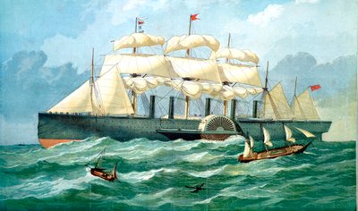 IK Brunels蒸気船グレートイースタンは、パドルホイールと帆のハウジングを示し、1857年 作： Unbekannt