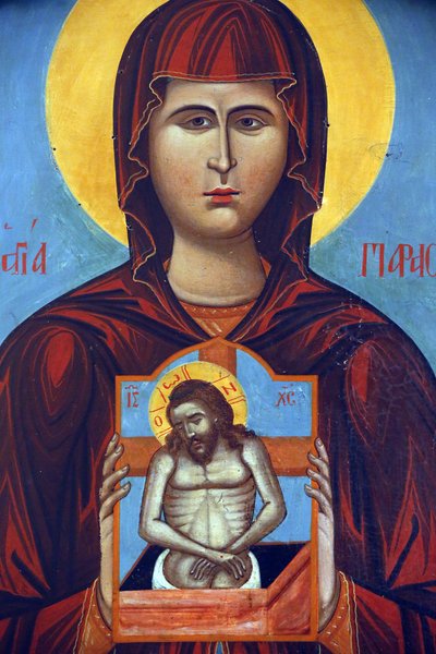 Pedoulas Byzantine museumのイコン : 磔刑のイコンを持つ聖パラスケヴィ（1789年）、20150510、キプロス、Pedoulas 作： Unbekannt