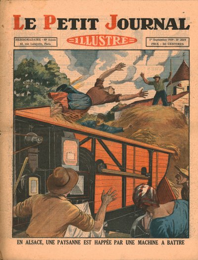 アルザスでは、農民の女性が脱穀機、1929年に捕まっています。 作： Unbekannt