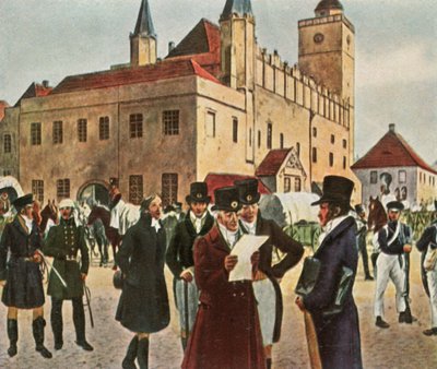 1813年、1936年の停戦中にシレジアのライヘンバッハの市庁舎の前で。 作： Unbekannt