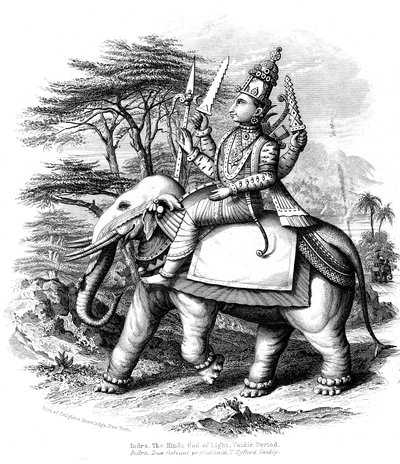 インドのヴェーダの神々の代表であるインドラが象に乗ったc1880 作： Unbekannt