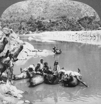 インドのパンジャブ州、Sutlej川でフェリーボートとして使用された膨らんだ去勢牛の皮、c1900年代 作： Unbekannt