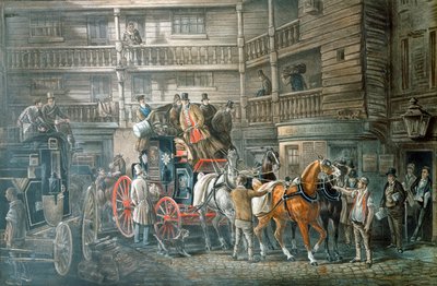 メールコーチが出発する準備をしているインヤード、c1840 作： Unbekannt
