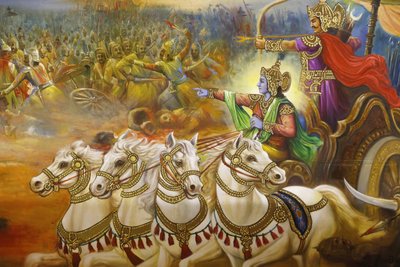ジャララム・プラートナヒンドゥー寺院（レスター）。フレスコ画。クルクシェトラの戦場でアルジュナを導く戦車乗りのクリシュナ。イギリス 作： Unbekannt