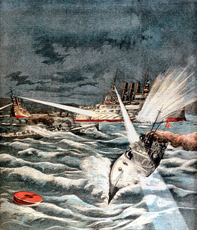 奇襲攻撃を行う日本の魚雷艇、日露戦争、1904年 作： Unbekannt