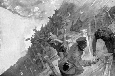 ロシア軍の有刺鉄線を横断する日本軍の虐殺、日露戦争、1904年〜5月 作： Unbekannt