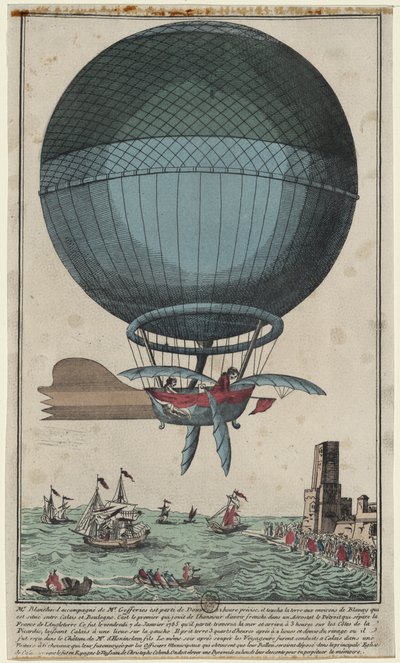 1785年、熱気球でイギリス海峡を渡った後、カレーに到着したジャンピエールブランチャードとジョンジェフリーズ 作： Unbekannt