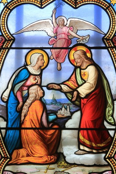 イエス・キリストと聖母マリアステンドグラスの窓。ラ・サレットの聖母マリアの祠（ラ・サレット・ファラヴォー、フランス 作： Unbekannt