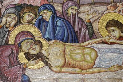 アリマタヤのヨセフの新しい墓に寝かされたイエス、イエス・キリストの埋葬を描いたモザイクアートの詳細、聖墳墓教会、エルサレム、イスラエル 作： Unbekannt