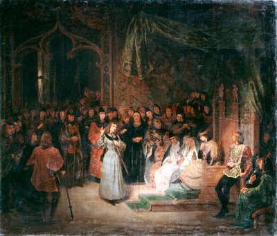 1429 年 2 月、シノンでチャールズ 7 世王の前に立つジャンヌ ダルク c1811-1858 作： Unbekannt