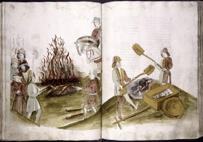 ジョン・フスは、1415年7月6日の賭けで焼かれ、彼の遺灰はラインに流し込まれます：Ulrich Richental Chronicle of the Coun、1414-1418 作： Unbekannt