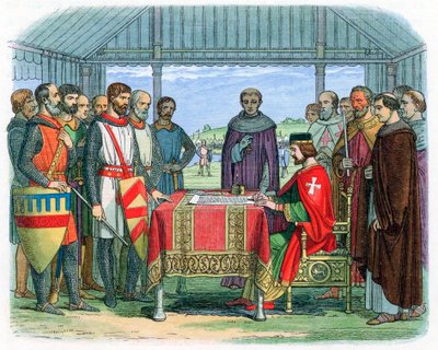 1815年6月15日、サリー州ラニーミードでマグナカルタに署名するジョン王 作： Unbekannt