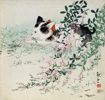 草花の中の子猫 - 和風プリント 作： Unbekannt