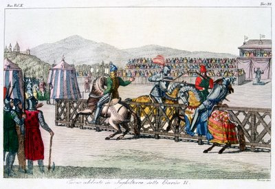 トーナメントで馬上槍試合をする騎士、12世紀、c1815 作： Unbekannt