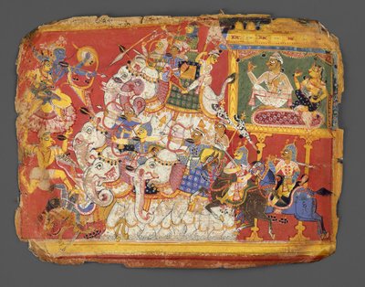クリシュナが悪魔ナラカの軍隊と戦う: バガヴァタ プラーナ写本からのページ。 1540年。 作： Unbekannt