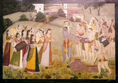 ホーリーの春祭りを祝うクリシュナ、c1770-1780 作： Unbekannt