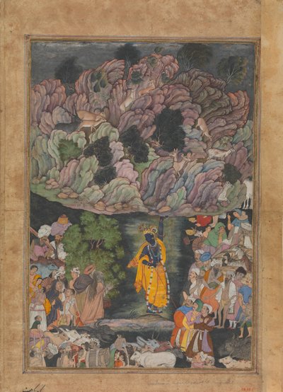 クリシュナはゴヴァルダン山を持ち上げてブラジの村人を保護します, フォリオから..., ca. 1590-95。 作： Unbekannt