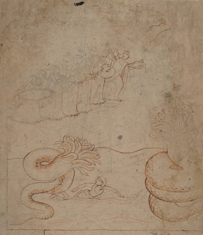 クリシュナはヤムナ川で蛇カリヤを鎮圧します..., ca. 1780年。 作： Unbekannt