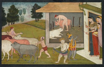 クリシュナとラクシュマナ、バガヴァタプラナのページ、牛を放牧するc。 1780-1790。 作： Unbekannt