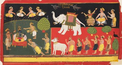 白い象に乗って到着したインドラによって崇拝されたクリシュナ、c1720 作： Unbekannt