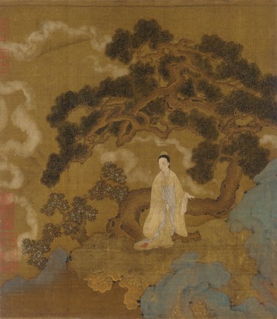 節くれだった松の木の下の女性、明王朝、16世紀。 作： Unbekannt