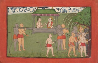 LakshmanaとSugrivaは、Palanquinによってラマの祝福を受け取るために運ばれています... 1710-25。 作： Unbekannt
