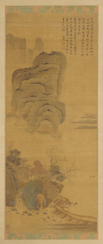 風景: 湖、崖、木々、17 世紀。 作： Unbekannt