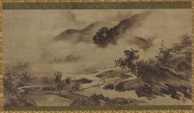 風景：山、霧、小川、江戸時代、18世紀。 作： Unbekannt
