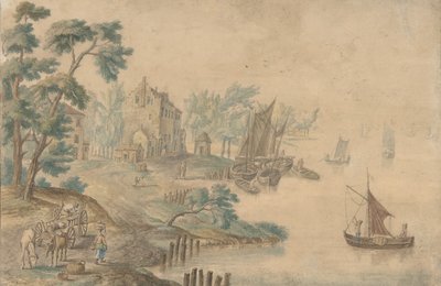 右に馬車と川のある風景、18世紀。 作： Unbekannt