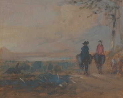 湖のある風景と乗馬する 2 人の人物、カリフォルニア州。 1820年。 作： Unbekannt