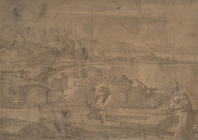 聖クリストファーと男性修道士直腸のある風景...、16 世紀。 作： Unbekannt