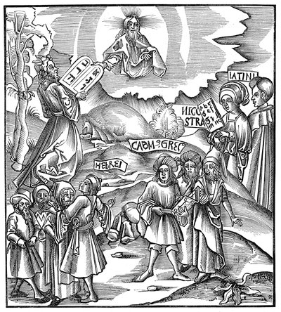 言語：1512年、ヘブライ語で律法の書簡を神から受け取ったモーセ 作： Unbekannt