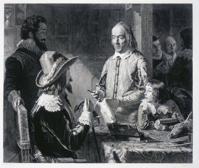 イギリスの医師ウィリアム・ハーヴェイ（1578-1637）が、イギリス王チャールズ1世スチュアート（1600-1649）に血液循環の理論を示したもの。 作： Unbekannt