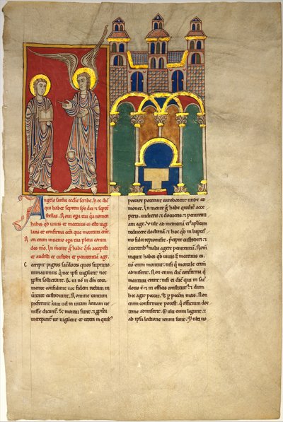 Beatus Manuscriptの葉っぱ：セントジョンとのサーディス教会の天使、ca。 1180。 作： Unbekannt