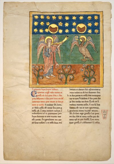 Beatus Manuscript からのリーフ: The Fourth Angel Sounds the Trumpet and a Eagle..., ca. 1180年。 作： Unbekannt